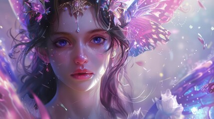 Majestic crowned fairy queen, enchanting fantasy character, dreamy digital painting