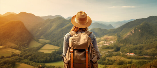woman traveler with backpack holding hat - obrazy, fototapety, plakaty