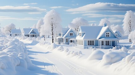 Winter landscape with snow-covered trees and houses.