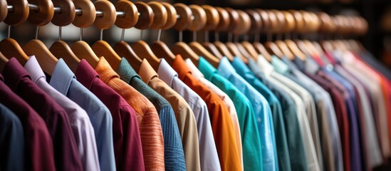 Colorful shirts on hangers in shop, closeup. Fashionable clothes - Powered by Adobe