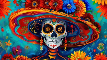 Vibrant Day of the Dead illustration, colorful Mexican folk art digital painting