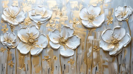 Abstract Floral Oil Painting with Golden Texture, Modern Art Wall Decor