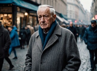 An elderly man standing in the street, looking confused and sad. Perhaps he is lost or has lost someone close to him.