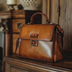 brown leather briefcase on top of a wooden dresser, brown leather briefcase, dark academia aesthetic - obrazy, fototapety, plakaty