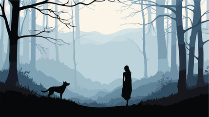 Woman and dog in a misty forest