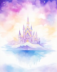 Minimalist watercolor of a castle using quantum tech under a dazzling aurora watercolor tone pastel 3D Animator