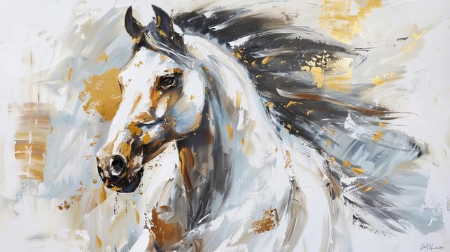 Expressive Horse Wall Art with Gold Accents, Large Stroke Oil Painting Mural