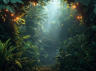 Fototapeta na wymiar Surreal jungle with rainforest species, oversized leaves, and glowing insects, a dreamlike habitat, ethereal atmosphere