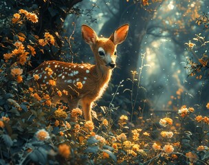Mystical forest animals in an enchanted woodland, fairy-tale creatures, shimmering flora, captivating essence