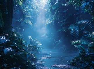 Fototapeta na wymiar Surreal jungle with rainforest species, oversized leaves, and glowing insects, a dreamlike habitat, ethereal atmosphere