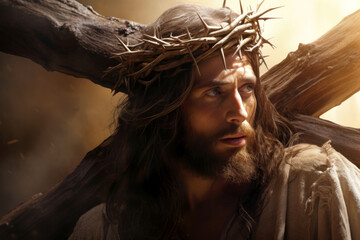 Jesus Christ with crown of thorns and heavy cross on his shoulder. Christianity, faith, religion concept