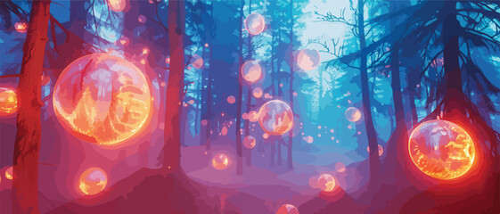 Misty fantasy forest glow orbs - obrazy, fototapety, plakaty
