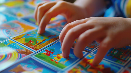 Close-up of hands flipping through flashcards with educational content