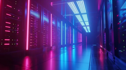 Server room with flashing lights and moving camera 3d animation - obrazy, fototapety, plakaty