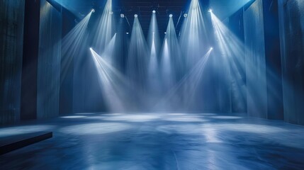 Spotlight illuminating an empty modern dance stage with creative lighting design for an entertainment show production - obrazy, fototapety, plakaty