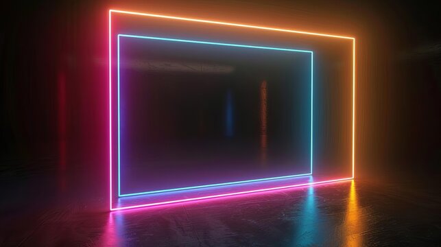 Neon picture frame in motion on black background 3d rendering
