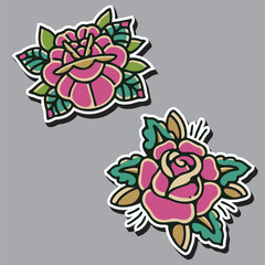 Old school pink rose set isolated vector illustration.