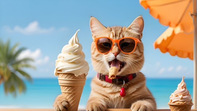 Funny animal pet summer vacation photography banner - Isolated on an apricot, close-up of a cat licking ice cream in a cone while wearing sunglasses.