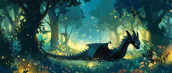 A beautiful black dragon in a night forest 