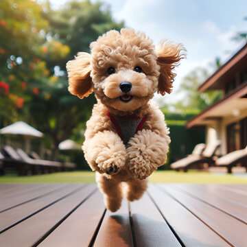 Close-Up of Happy Playful Dynamic Energetic Adorable Brown Mini Poodle Breed Dog Puppy Doggo Playing, Extreme Running, Chasing, & Leaping Jumping Flying High in Fresh Air Outdoors  Towards the Camera