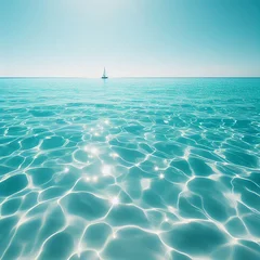 Deurstickers Blue sea water surface with sun rays and sailboat on horizon. © Denis Agati