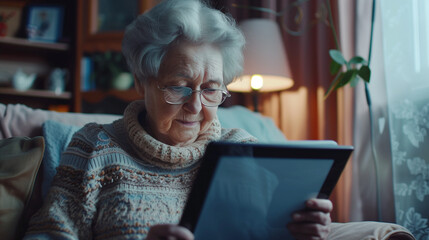 Lovely older woman gazes at the family portrait at home, enveloped in emotion, longing for her youth.