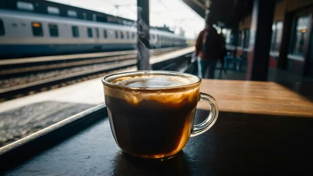 a cup of tea at the train station, seamless looping 4k animation video background 