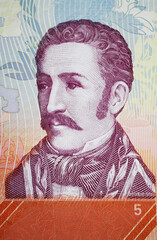 Portrait of  Venezuelan independence leader Jose Felix Ribason on 5 Bolivar currency banknote...