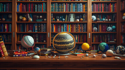 Desk with a Model of the Solar System and Astronomy Books