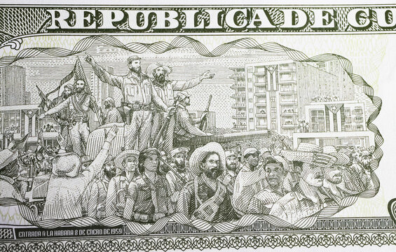Drawing scene of Fidel Castro and his men entering Havana 1959 on  currency banknote (focus on center)
