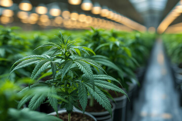 Vibrant green cannabis plants flourishing in an indoor farming facility with artificial lighting