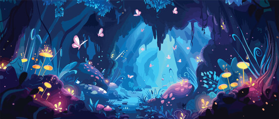 A mysterious magical cave with flying butterflies