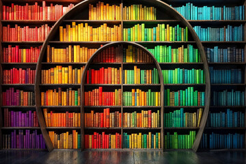 Presentation background stage in a library with round shelves forming a door shape  full of colorful books. 