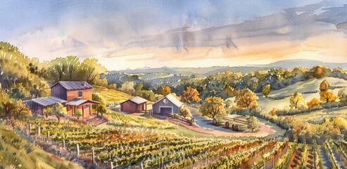 Painting capturing essence of autumn on a farm and vineyard, showcasing vibrant foliage, ripe grapes and rustic farm buildings - obrazy, fototapety, plakaty