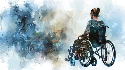 Watercolor painting of woman sitting in wheelchair - obrazy, fototapety, plakaty