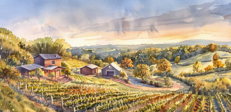 Painting capturing essence of autumn on a farm and vineyard, showcasing vibrant foliage, ripe grapes and rustic farm buildings
