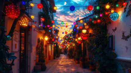 Fototapeta na wymiar Festive Streets Illuminated with Decorative Lights