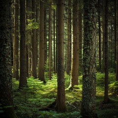 Fototapeta premium Serene Forest Scene with Sunlight Filtering Through Trees