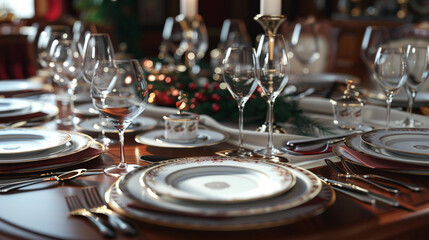 Festive Table Setting with Traditional Dishware and Cutlery - obrazy, fototapety, plakaty