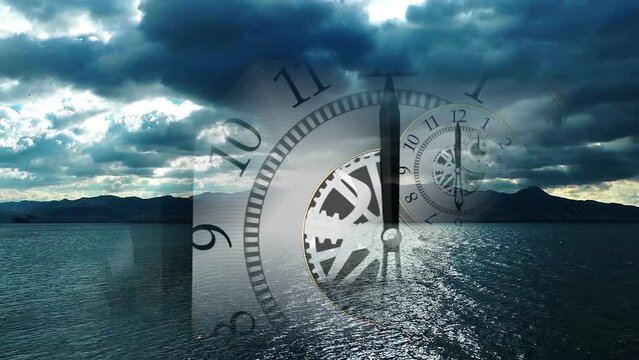 The clouds, the sun, the birds and the sea move quickly as time passes. A clock and its gears show the passage of time. Time never comes back.