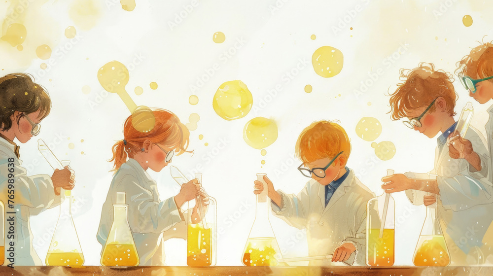 Poster group of children wearing lab coats engaged in hands-on experiments in a laboratory setting