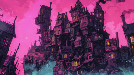 Twilight sets on a towering, Gothic-style mansion with an eerie pink sky backdrop, exuding a mysterious fantasy vibe