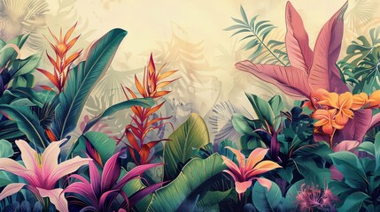 Tropical background. Exotic Landscape, Hand Drawn Design. Luxury Wall Mural. Leaf and Flowers Wallpaper.