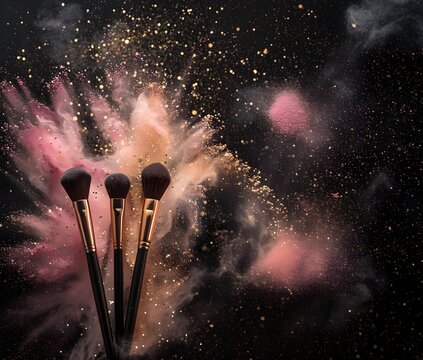 Tres brochas aplicadoras y una explosion de polvo de maquillaje en tonos rosados en un fondo negro. Cosmeticos, imagen con espacio para copiar.