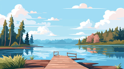 A peaceful riverside with a wooden dock