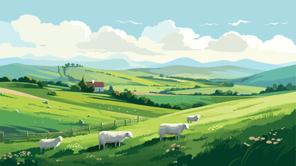 A peaceful countryside with rolling hills and grazing sheep