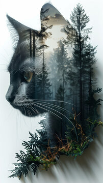Feline Silhouette with Forest Double Exposure
