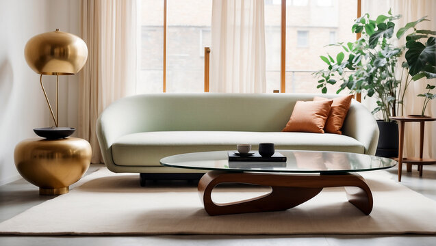 Interior de casa moderna y elegante con una mesa Noguchi en el centro, frente a un sill&oacute;n, con l&aacute;mparas y cuadros junto a una ventana iluminada.