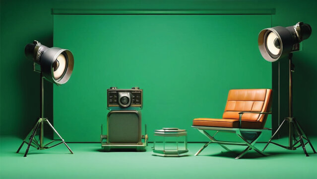 Modern empty green photo studio with 3D rendering of old style movie camera