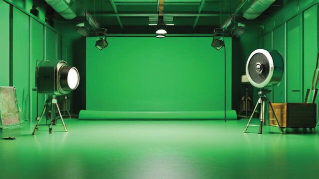 Modern empty green photo studio with 3D rendering of old style movie camera